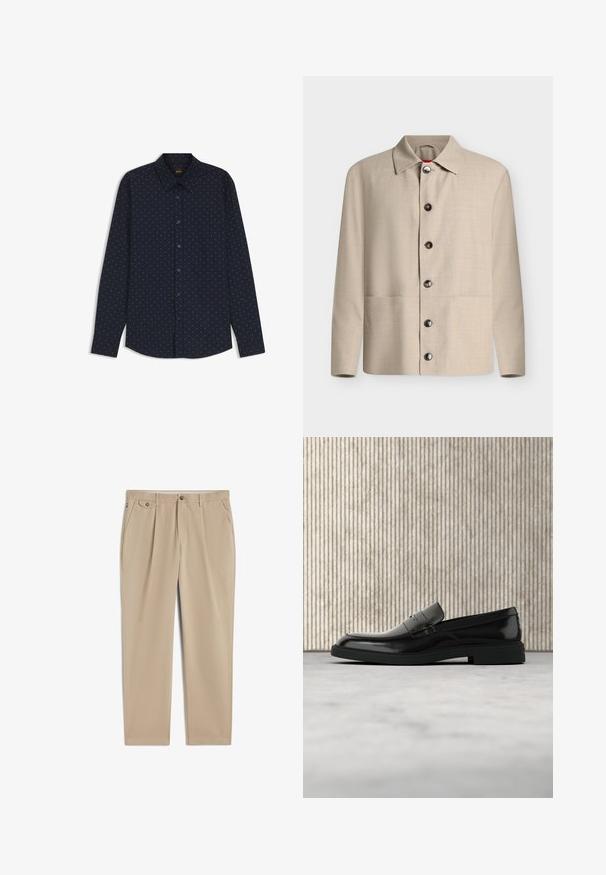 Chemise beige à manches longues boutonnée avec un col classique et six boutons foncés visibles, présentée sur un fond blanc uni.; Chemise bleu marine à manches longues boutonnée avec petits pois blancs et col classique, affichée sur fond blanc.; Pantalon beige à jambes droites avec passants de ceinture, fermeture avant par bouton et zip, poches latérales et détail plissé près de la taille.; Mocassin en cuir noir poli flottant au-dessus d'un tapis beige avec un mobilier translucide orange en arrière-plan.