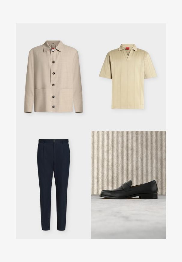 Chemise beige à manches longues boutonnée avec un col classique et six boutons foncés visibles, présentée sur un fond blanc uni.; Polo beige à manches courtes, col en V, col souple, coutures verticales subtiles et une étiquette intérieure rouge marquée "HUGO".; Pantalon bleu marine sur mesure coupe slim avec plis à l’avant, fermeture par bouton, passants de ceinture et jambes fuselées sur fond blanc.; Mocassin en cuir noir flottant au-dessus d'un tapis beige avec une table ronde brune brillante en arrière-plan.