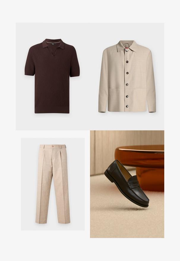 Chemise beige à manches longues boutonnée avec un col classique et six boutons foncés visibles, présentée sur un fond blanc uni.; Polo à manches courtes en maille marron foncé avec motif texturé, col en V ouvert, poignets et ourlet côtelés.; Pantalon beige à jambes droites avec plis, fermeture par bouton, passants pour ceinture et coupe ajustée.; Chaussure mocassin en cuir noir suspendue au-dessus d’un tapis beige avec du mobilier moderne couleur ambre en arrière-plan.