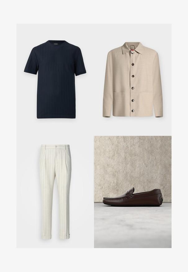 Chemise beige à manches longues boutonnée avec un col classique et six boutons foncés visibles, présentée sur un fond blanc uni.; T-shirt bleu marine à manches courtes et col rond, avec une subtile texture côtelée verticale, sur un fond uni.; Pantalons plissés en tissu léger, avec une base crème et de fines rayures verticales bleues. Ourlets à revers et un bouton à l'avant.; Mocassins en cuir marron avec une finition lisse, des coutures de style mocassin, un bout rehaussé et une semelle en caoutchouc basse et flexible.