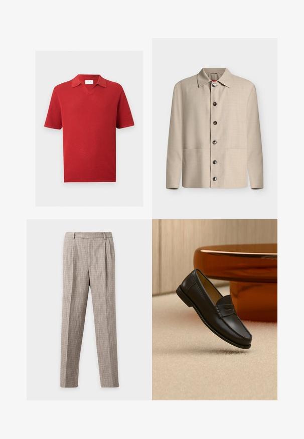 Chemise beige à manches longues boutonnée avec un col classique et six boutons foncés visibles, présentée sur un fond blanc uni.; Polo en maille rouge à manches courtes avec motif texturé, col en V et col plié, présenté sur un fond clair uni.; Pantalon beige à jambes droites avec un motif à carreaux subtil, passants de ceinture et un pli frontal, présenté sur un fond blanc uni.; Chaussure mocassin en cuir noir suspendue au-dessus d’un tapis beige avec du mobilier moderne couleur ambre en arrière-plan.