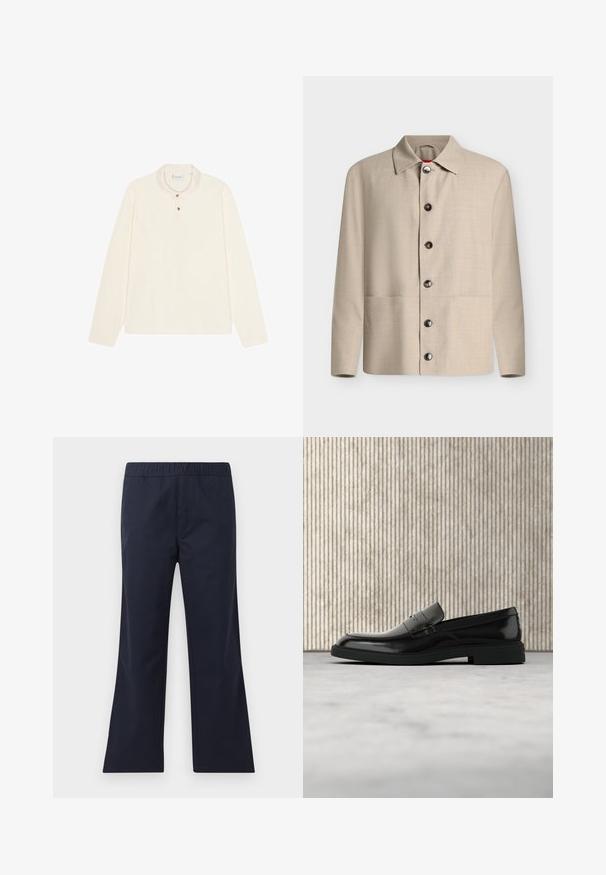 Beige langärmliges Hemd mit Knopfleiste, klassischem Kragen und sechs sichtbaren dunklen Knöpfen, vor einem schlichten weißen Hintergrund dargestellt.; Langärmliges Polohemd in Creme, mit flachem Kragen, einer drei-Knopf-Leiste mit goldfarbenen Knöpfen und einem weichen, strukturierten Stoff.; Marineblaue, schmal geschnittene Hose aus glattem Material. Mit einem elastischen Bund und seitlichen Taschen. Klare Linien und minimalistisches Design.; Schwarzer, polierter Lederloafer, der über einem beigen Teppich schwebt, mit orangener, durchscheinender Möbel im Hintergrund.
