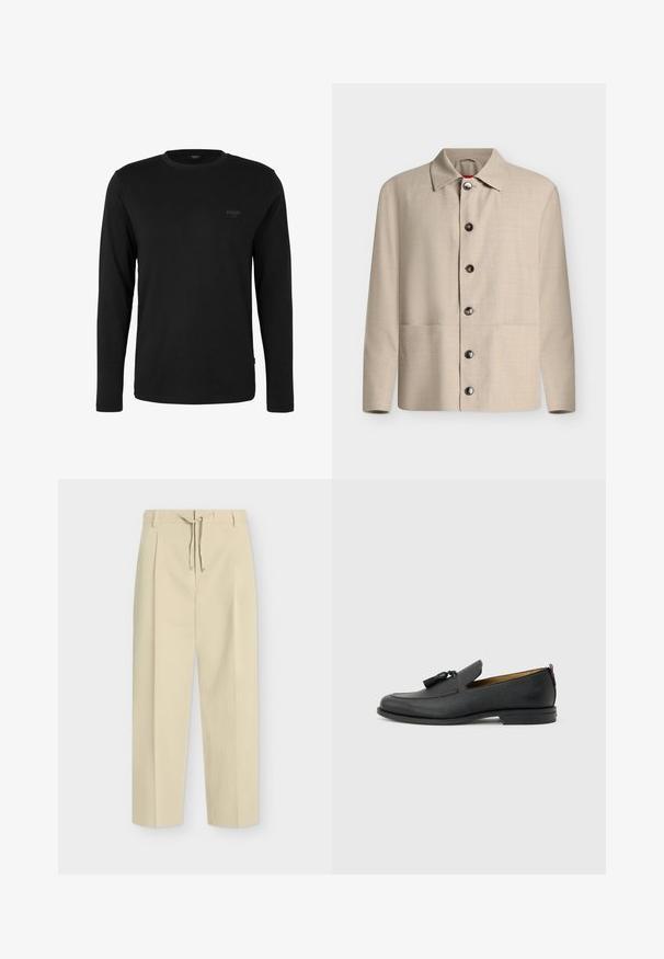 Beige blouse met lange mouwen en knopen, een klassieke kraag en zes zichtbare donkere knopen, weergegeven tegen een effen witte achtergrond.; Zwart shirt met lange mouwen en ronde hals met klein "JOOP! JEANS" logo op de linkerborst, weergegeven op een effen witte achtergrond.; Beige broek met rechte pijpen, riemlussen en een strik aan de voorkant, met een strak, op maat gemaakt ontwerp en gestructureerde stof.; Zwarte leren herenslof met kwastjes, ronde neus, lage hak en trekkoord aan de achterkant, zijaanzicht op lichtgrijze achtergrond.