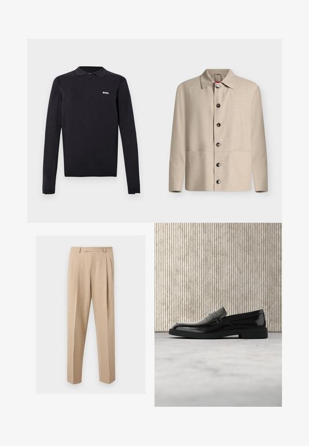 Beige langærmet skjorte med knapper, klassisk krave og seks synlige mørke knapper, vist mod en ensfarvet hvid baggrund.; Sort langærmet polo lavet af strikket stof. Har en halvlynede krave, slim fit og en lille hvid logo på brystet.; Beige skræddersyede bukser med frontplisser, bæltestropper og lige ben, vist mod en ensartet lys baggrund.; Sort poleret læderloafer flydende over beige tæppe med orange gennemsigtigt møbel i baggrunden.