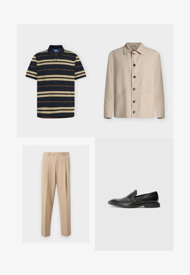 Chemise beige à manches longues boutonnée avec un col classique et six boutons foncés visibles, présentée sur un fond blanc uni.; Polo bleu marine avec des rayures horizontales beiges et fines orange, manches courtes, patte à deux boutons et étiquette de marque HUGO bleue à l’intérieur du col.; Pantalon beige sur mesure avec plis sur le devant, passants de ceinture et jambes droites, présenté sur un fond clair et uni.; Mocassins en cuir noir avec une texture lisse, un nez pointu et un petit talon rectangulaire. Présente un détail de bande horizontale sur le dessus.