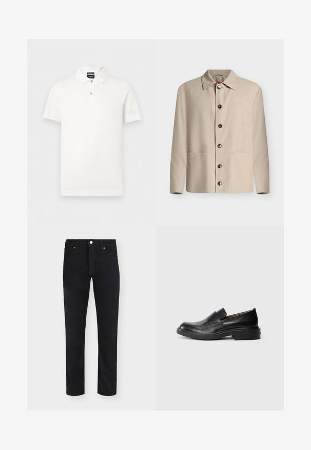 Chemise beige à manches longues boutonnée avec un col classique et six boutons foncés visibles, présentée sur un fond blanc uni.; Polo blanc à manches courtes avec un tissu à motif texturé, deux boutons au col et une étiquette de marque à l'intérieur du col.; Jean noir droit avec fermeture par bouton et zip à l'avant, passants de ceinture et style cinq poches sur fond uni.; Chaussure habillée noire en cuir, à enfiler, avec un petit talon et un logo Calvin Klein discret sur le côté, présentée de profil sur un fond blanc.