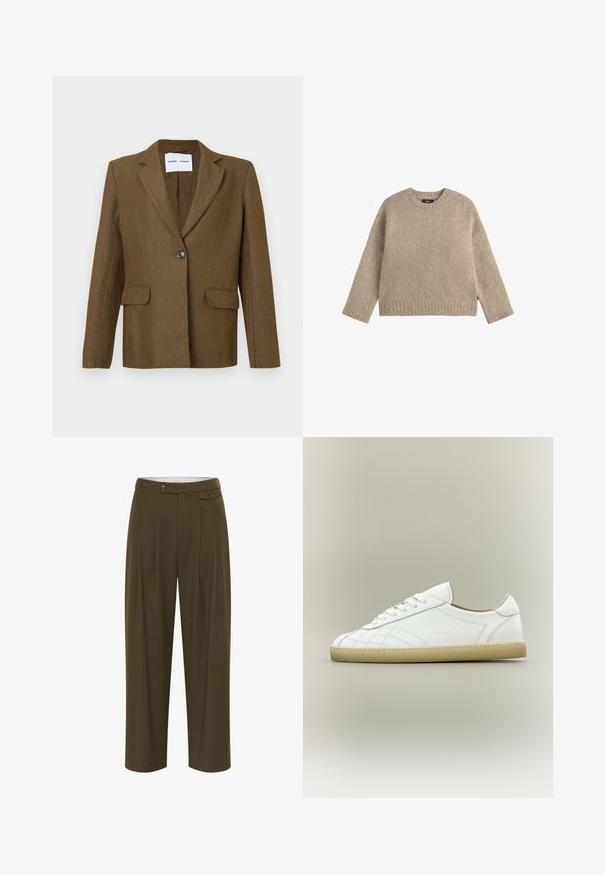 Brun enkeltknappet blazer med hakrevers og to forlommer med klap, vist på en ensartet lys baggrund.; Lys beige strikket sweater med rund halsudskæring, lange ærmer samt ribbede manchetter og kant. Blød tekstur, afslappet pasform, minimalistisk design.; Oliven grøn, høj talje bukser med plisseringer, lige ben design, to forlommer og knaplukninger til fastgørelse.; Hvid lavtop lædersneaker med beige sål, snøredesign og subtile syede mønstre på neutral baggrund.