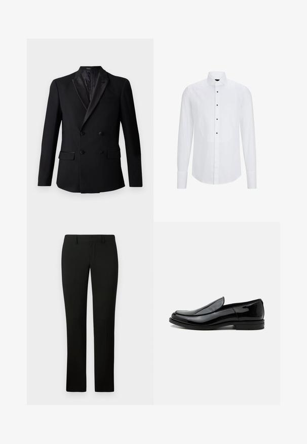 Blazer negro de doble botonadura con solapas de satén, dos bolsillos frontales y un forro interior texturizado. Corte entallado y tejido suave.; Camisa blanca de manga larga con un panel frontal curvado, botones negros en el centro y un cuello clásico. Textura de tela suave.; Pantalones negros con un corte a medida, que presentan una textura suave y un diseño de pierna recta. La cintura tiene pasadores para cinturón y un acabado limpio.; Zapato de vestir negro de piel brillante tipo slip-on con tacón bajo y punta redondeada, visto de lado sobre un fondo blanco liso.