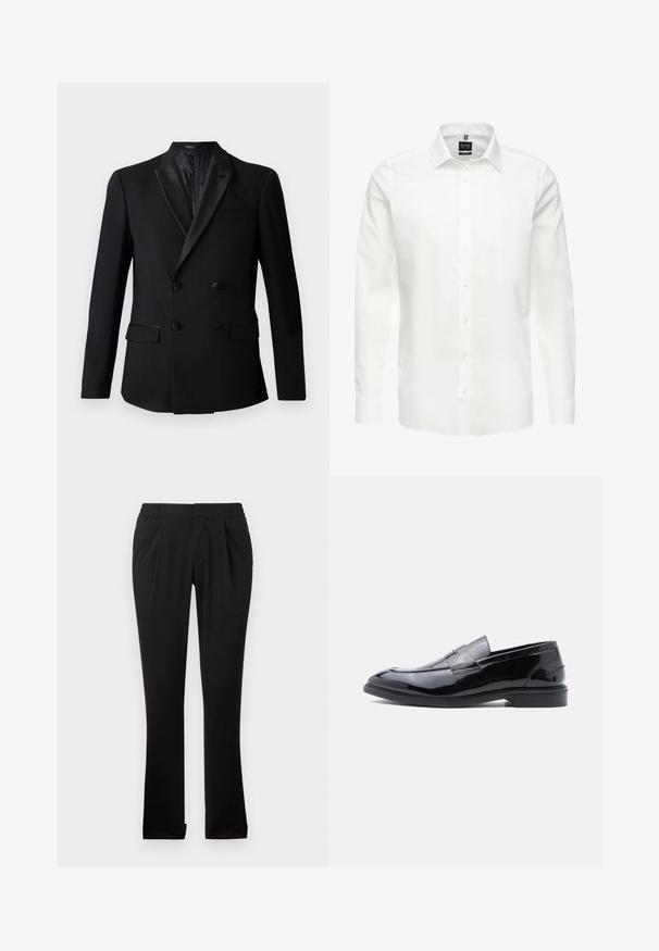 Zwarte dubbelgeknoopte blazer met een satijnen notch-lapel, twee voorzakken en een gestructureerde binnenvoering. Getailleerde pasvorm en zachte stof.; Witte overhemd met lange mouwen, knopen aan de voorkant, klassieke kraag, gladde katoen stof, lichtgewicht, met subtiele stiksels en zonder patronen.; Zwarte broeken van gladde stof met een elastische tailleband, rechte pijpen, plooien aan de voorkant en omgeslagen zoom. Eenvoudig en veelzijdig ontwerp.; Zwarte loafers van lakleer met een gladde afwerking, ronde neus en decoratief banddetail, voorzien van een laag profiel en rubberen zool.