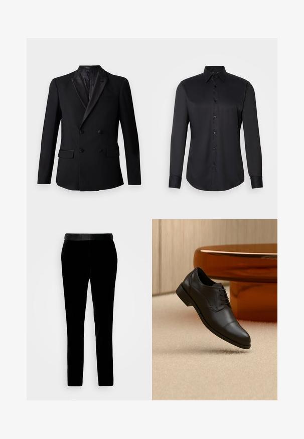 Sort dobbeltradet blazer med satin krave, to forlommer og en tekstureret indvendig foring. Skræddersyet pasform og glat stof.; Sort skjorte med knaplukning, lavet af glat stof, med klassisk krave, lange ærmer og knaplukning foran.; Sorte fløjlsbukser med en skræddersyet pasform, glat tekstur og en matchende talje. Har lige ben og sidelommer.; Sort formel oxfordskind sko med snørebånd, der svæver over et beige tæppe, med et rundt brunt bord i baggrunden.