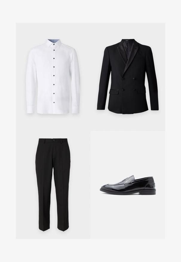 Blazer noir à double boutonnage avec un col en satin à revers, deux poches avant et une doublure intérieure texturée. Coupe ajustée et tissu doux.; Chemise blanche à manches longues avec un col classique, boutons noirs sur le devant, et détail intérieur de col bleu clair contrastant. Texture de tissu lisse.; Pantalon noir en tissu lisse, présentant une coupe droite, des poches avant, un bouton simple de fermeture et sans motifs visibles.; Mocassins en cuir verni noir avec une finition lisse, bout arrondi et détail de bride décorative, avec un profil bas et une semelle en caoutchouc.