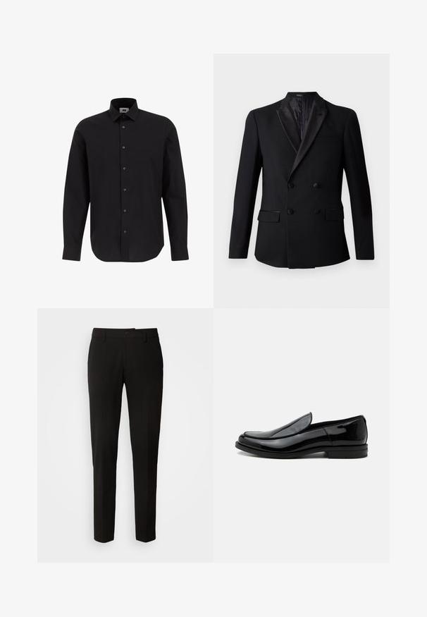 Blazer noir à double boutonnage avec un col en satin à revers, deux poches avant et une doublure intérieure texturée. Coupe ajustée et tissu doux.; Chemise noire à manches longues, à boutons, en tissu tissé, avec un col classique, un ourlet droit et des boutons noirs sur le devant.; Pantalons noirs avec un design à jambes droites, dotés d'une fermeture à boutons, de passants de ceinture et d'une texture de tissu lisse. Pas de motifs ou d'accents visibles.; Chaussure de ville noire en cuir brillant à enfiler, avec talon bas et bout arrondi, vue de côté sur fond blanc uni.