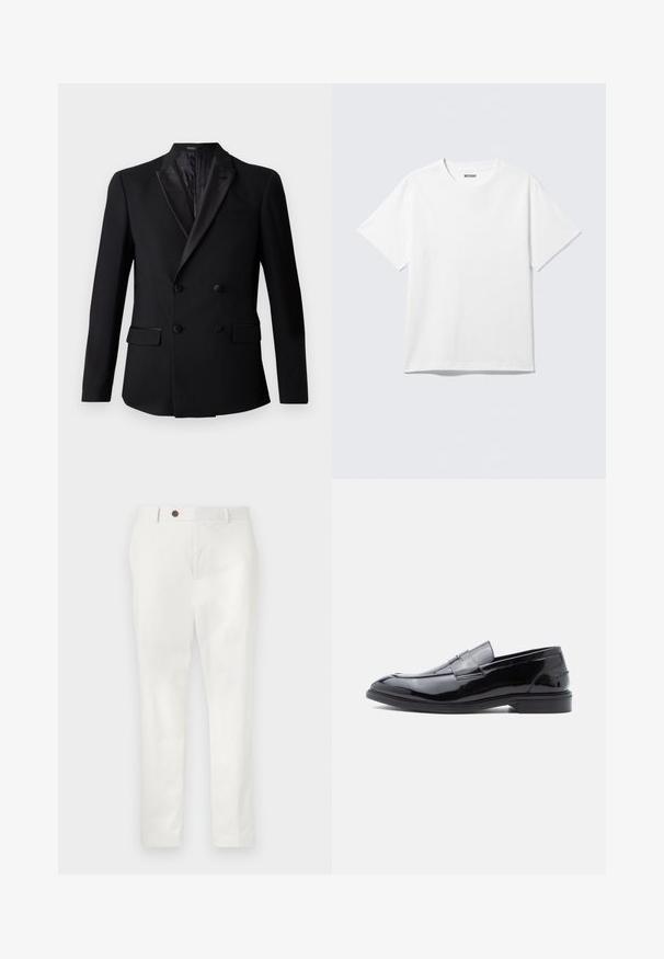 Sort dobbeltradet blazer med satin krave, to forlommer og en tekstureret indvendig foring. Skræddersyet pasform og glat stof.; Hvid kortærmet crewneck T-shirt lagt fladt ud, ensfarvet design, med "WEEKDAY" mærkat inde i kraven på en lys baggrund.; Hvide bukser lavet af letvægtsstof, med lige ben, en enkelt brun knap i taljen og minimalistisk stil.; Sorte loafers i laklæder med en glat finish, rundet tå og dekorativ remdetalje, med lav profil og gummisål.