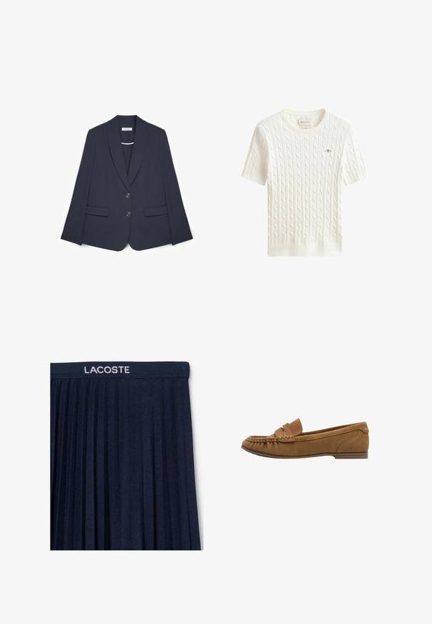 Marineblauer Blazer aus glattem Stoff, mit Schalkragen, zwei Vorder Taschen und zwei zentralen Knöpfen. Maßgeschneiderte Passform mit klaren Linien.; Weißer kurzärmeliger Strickpullover mit Zopfmuster, Rundhalsausschnitt und kleinem gesticktem Logo auf der Brust.; Marineblauer, gefälteter Rock mit einem elastischen Bund und dem weißen "LACOSTE"-Logo. Weiche Stofftextur mit vertikalen Falten für Bewegungsfreiheit.; Brauner Mokassinschuh aus Wildleder mit einem gewebten Detail am Obermaterial und einer flachen Sohle. Verfügt über ein minimalistisches Design und eine glatte, weiche Textur.