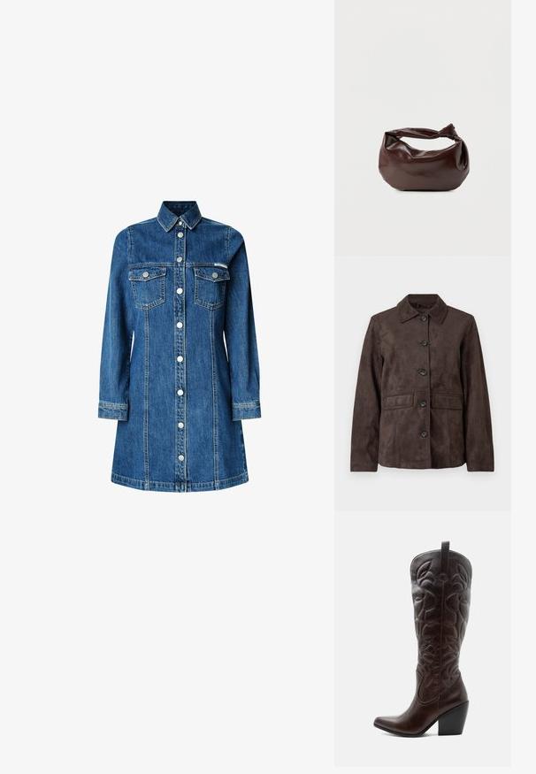 Veste en daim marron avec un col, fermeture à boutons sur le devant et deux poches latérales. Possède une texture lisse et une coupe classique.; Robe en denim, manches longues, fermeture à boutons sur le devant, deux poches poitrine, col classique, couleur bleu moyen et détails de couture clairs.; Botte de cowboy haute en cuir marron foncé avec motifs décoratifs cousus, bout pointu et talon bloc empilé.; Sac bandoulière en cuir marron foncé avec une forme souple et décontractée et une anse nouée torsadée sur un fond blanc uni.