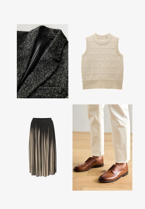 Blazer s houndstooth vzorom v čierno-bielej vlne, s klopovým golierom a jednou kapsou s hladkým čiernym podšívkou.; Béžový pletený bezrukávový sveter s diamantovým vzorom, s rebrovaným golierom a lemom, vyrobený z mäkkého materiálu pre pohodlie. Značková etiketa viditeľná vo vnútri.; Pružná plisovaná midi sukňa v čiernej a béžovej farbe s vysokým elastickým pásom, zdobená vertikálnymi pruhmi a voľným dizajnom pre pohodlný pohyb.; Hnedé kožené brogue topánky s perforovanými detailmi, zaoblenou špičkou a hladkým povrchom, v kombinácii s nohavicami s rozstrapkaným lemom v krémovej farbe.