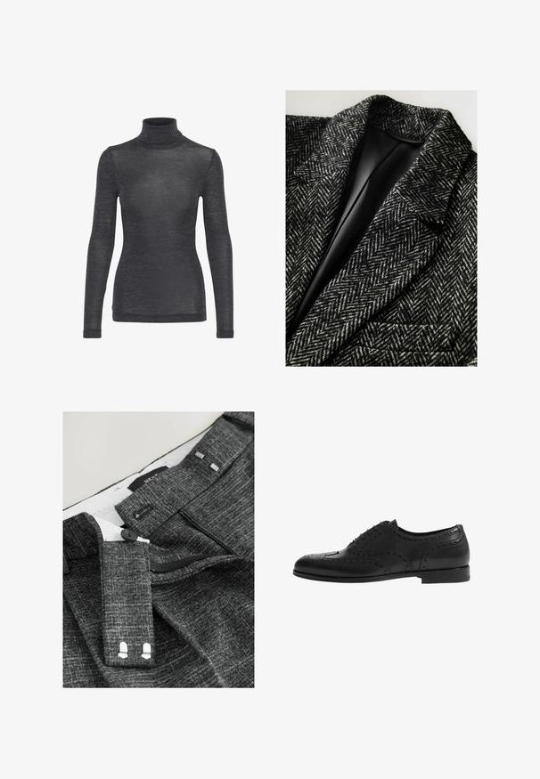 Blazer met houndstoothpatroon in zwart en wit wol, voorzien van een gelapt revers en een enkele zak met een gladde zwarte voering.; Langharige turtleneck top in donkergrijs, met een zachte textuur en een subtiele glans, in een getailleerde pasvorm.; Grijze, gestructureerde broeken hebben een knoopsluiting, rits en stoffen riemlussen, met een witte voering en uitgesproken stikdetails.; Zwarte leren dress shoe met brogue-details, ronde neus, vijf veterogen, lage hak en een gladde afwerking. Klassiek ontwerp met geperforeerde accenten.