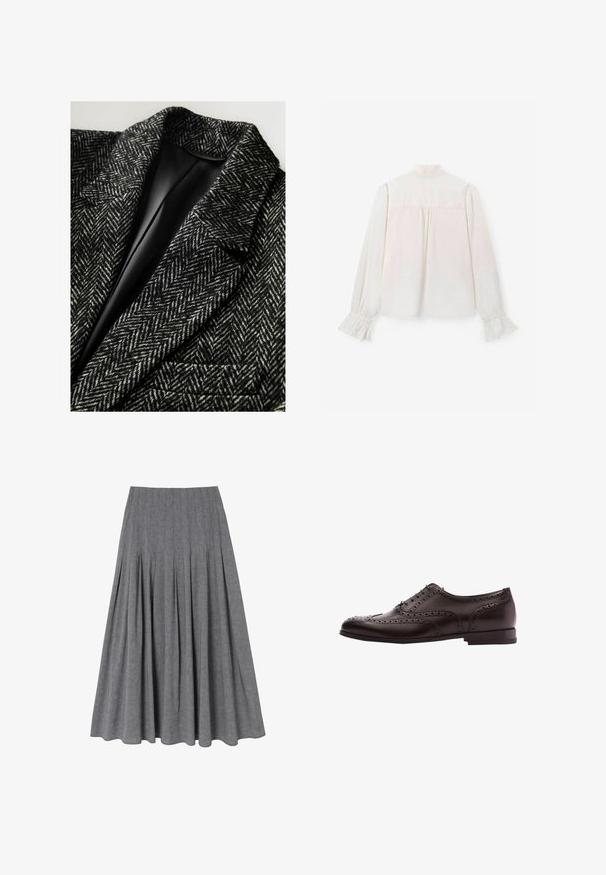 Blazer en laine noir et blanc à motif pied-de-poule, avec un col à revers et une poche simple, doublé d'un tissu noir lisse.; Chemisier blanc à manches longues avec col à boutons, détail froncé au dos et poignets volantés. Tissu lisse au design uni.; Jupe plissée grise en tissu léger. Présente une taille cintrée et s'évasent doucement vers l'ourlet avec une texture lisse.; Chaussure habillée en cuir marron avec des détails de brogue, fermeture à lacets, bout arrondi et un petit talon empilé. Fini poli et perforations complexes.