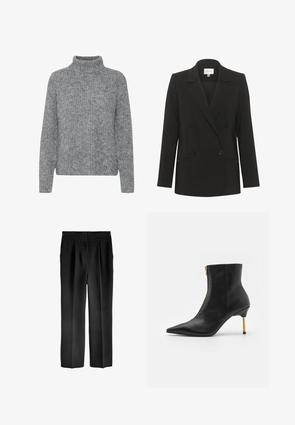 Sort dobbeltbrystet blazer med skræddersyet pasform, reverskrave, to forlommer og sorte knapper. Glat stof med et enkelt design.; Grå strikket sweater med høj krave, varierende teksturer og en boxy form. Har lange ærmer og en kant, der sidder ved taljen.; Next TAILORED - Bukser - black; AllSaints NATASHA - Støvletter - black