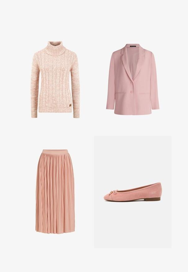 Blazer rose clair pour femme avec revers en pointe, deux boutons sur le devant et deux poches horizontales fendues, présenté sur un fond blanc.; Pull en col roulé tricoté en doux pêche avec un motif en relief de câble, des manches longues et une étiquette de marque tissée sur l'ourlet.; Jupe midi plissée rose clair avec une large ceinture, en tissu léger, présentée sur fond blanc.; Ballerine plate en daim rose doux avec petit nœud et accent doré sur l'avant arrondi, talon bas et semelle lisse.