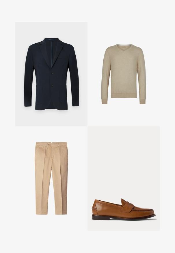 Marineblauer Blazer mit taillierter Passform, zwei Knöpfen, Reverskragen und zwei vorderen Taschen. Glattes Gewebe mit dezentem Glanz und ohne sichtbare Muster.; Beiger V-Ausschnitt-Pullover aus weichem Material, mit langen Ärmeln und geripptem Saum. Einfaches, klassisches Design ohne Muster oder Verzierungen.; Beige Baumwollhose mit maßgeschneidertem Schnitt, ausgestattet mit vorderen Falten, Seitentaschen und einem Knopfverschluss. Angenehme Textur, gerades Bein.; Brauner Leder-Penny-Loafer mit niedrigem Absatz und gesteppten Details an Vorder- und Seitenpartien, seitlich auf weißem Hintergrund dargestellt.