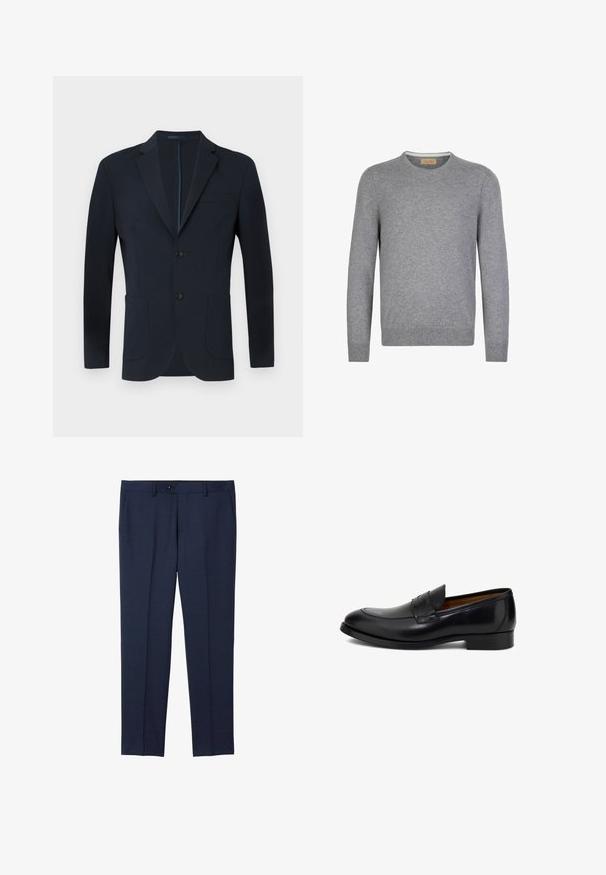 Marineblå blazer med skræddersyet pasform, to knapper, notch ombuk og to frontlommer. Glat stof med en subtil glans og ingen synlige mønstre.; Grå langærmet sweater i blødt strikket materiale. Rund halsudskæring, ribbede manchetter og kant, med et simpelt og rent design.; Marine skræddersyede bukser lavet af et glat stof. Har knaplukning, frontlommer og et lige ben design.; Sort læderloafers med glat finish, rundet tå, dekorative syninger og lav stakket hæl. Klassisk slip-on design.