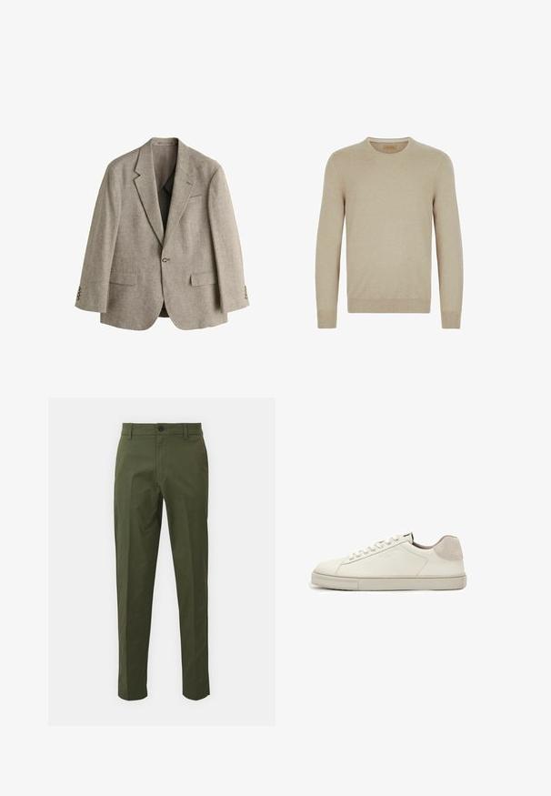Lysebrun herreblazer med enkeltknap, kløvet revers, to forlommer med klap og tre knapper på hvert ærme.; Beige striktrøje med lange ærmer, rund halsudskæring og ribbede cuffs og kant. Glat tekstur uden synlige mønstre eller dekorationer.; Olivenfarvede bomuldsbukser med lige ben, der har en forreste knaplukning, sidelommer og minimale syninger.; Hvid lavtopet lædersneaker med hvide snørebånd, let struktureret sål og lys grå ruskinds-hælpatch, sideudsigt.