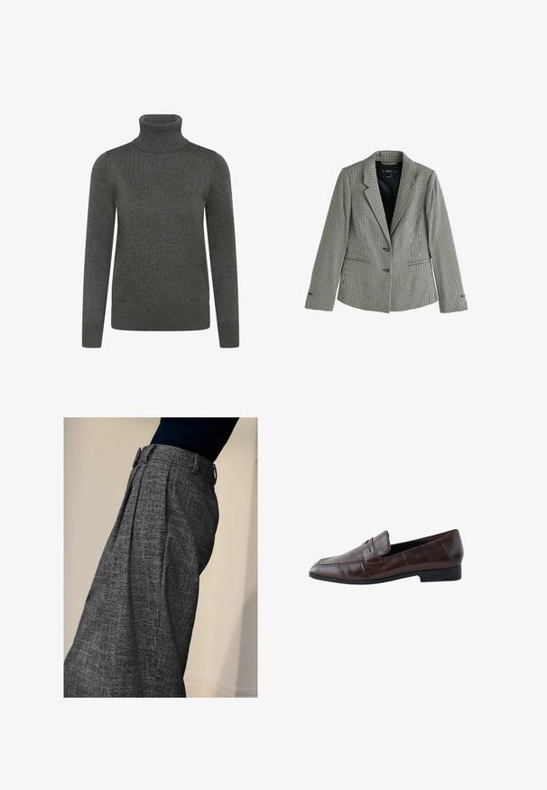 Sort-hvidt hundetandsmønstret dameblazer med reverskrave, to knapper og forlommer med kantsøm, fuldt foret med sort stof.; Mørkegrå sweater med rullekrave lavet af strikket stof, med lange ærmer, ribbet krave og manchetter samt en glat tekstur.; Person iført højtaljede grå strukturerede bukser med frontfolder og en sort top, vist fra siden mod en ensfarvet baggrund.; Herre loafers i mørkebrun læder med et subtilt krokodillemønster og lav sort hæl, vist i sideprofil på hvid baggrund.