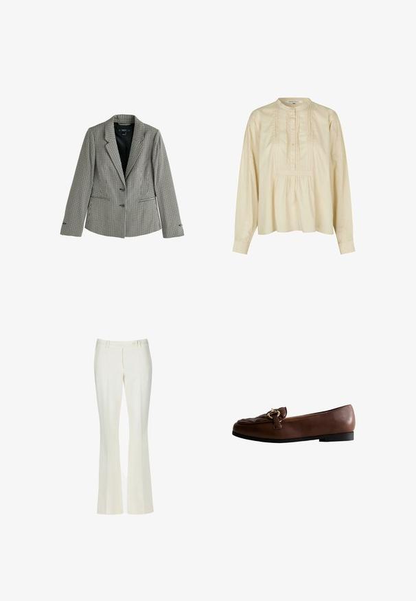 Blazer de mujer con patrón de pata de gallo en blanco y negro, con cuello de solapa, dos botones y bolsillos delanteros de ojal, completamente forrado en tela negra.; Blusa de algodón beige con mangas largas, frente plisado, cierre de botones y cuello tipo mandarín. Presenta un corte holgado y un detalle texturizado.; Pantalones acampanados blancos en una tela suave. Presenta dos bolsillos frontales y un cierre de botón en la parte delantera, con un sutil detalle de pliegues.; Mocasines de cuero marrón con parte superior acolchada, que presentan un detalle de hebilla en tono dorado y una suela baja de goma negra.
