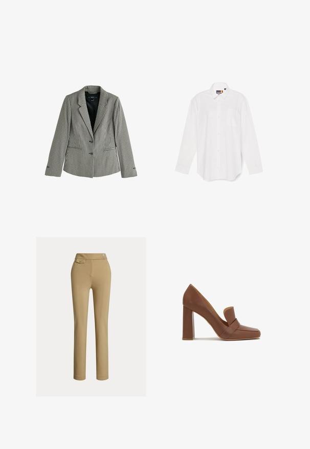 Blazer de mujer con patrón de pata de gallo en blanco y negro, con cuello de solapa, dos botones y bolsillos delanteros de ojal, completamente forrado en tela negra.; Camisa blanca de manga larga confeccionada en algodón, con cierre de botones en el frente, cuello y un bolsillo único en el pecho. Textura suave y diseño clásico.; Pantalones beige ajustados con una textura suave, cintura alta, dos botones decorativos y un bolsillo trasero. Diseño de pierna recta.; Zapato de tacón alto de cuero marrón con punta cuadrada y una correa ancha en la parte frontal. El tacón es de forma rectangular y sólido.