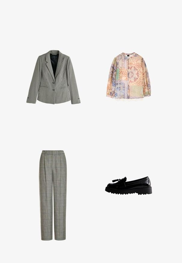 Blazer femme à motif pied-de-poule noir et blanc avec col à revers, deux boutons et poches passepoilées devant, entièrement doublé en tissu noir.; Blouse à manches longues boutonnée avec motifs patchwork floraux et géométriques multicolores dans des tons pastel violet, pêche, vert et bleu.; Pantalons ajustés taille haute avec un motif écossais gris et noir, jambes larges et droites, passants de ceinture et plis avant.; Des mocassins en cuir verni noir avec une semelle à crampons épaisse, présentant un gland décoratif et un design élégant, mettant en valeur une finition lisse et brillante.
