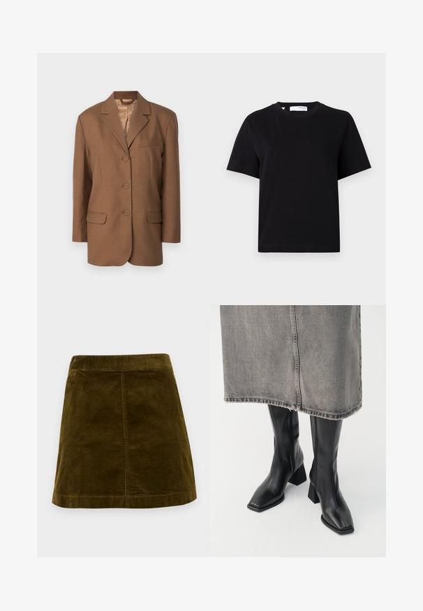 Brun blazer med spids krave, enkeltknap lukning, to forlommer og en brystlomme. Glat tekstur og struktureret design.; Simpel sort t-shirt med korte ærmer, rund hals, afslappet pasform og lille nakkemærke.; Brun kordfløjl mini skirt med lodrette ribber, lige snit og en ren kant. Har en simpel talje uden udsmykninger.; Sorte knæhøje støvler i glat læder med firkantet tå og blokeret hæl. Båret med en grå denimnederdel med flosset kant.