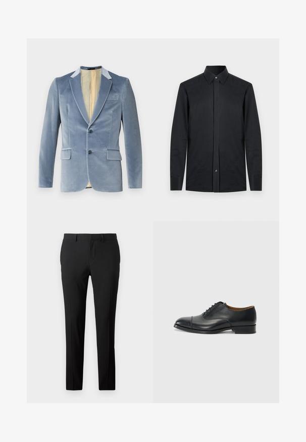Blazer de terciopelo azul claro con dos botones, solapas con muesca y dos bolsillos frontales. El interior cuenta con un forro de color crema. Textura súper suave.; Camisa negra de manga larga con cuello puntiagudo, botón único en la parte delantera y puños rectangulares. Fabricada en un tejido suave y ligero.; Pantalones negros a medida en una tela suave. Presentan un diseño de pierna recta, pliegues frontales y trabillas para cinturón para un tamaño ajustable.; Zapato de vestir de piel negra con un acabado suave, punta redondeada, cinco ojales para los cordones y tacón bajo en bloque. Diseño minimalista con costuras sutiles.