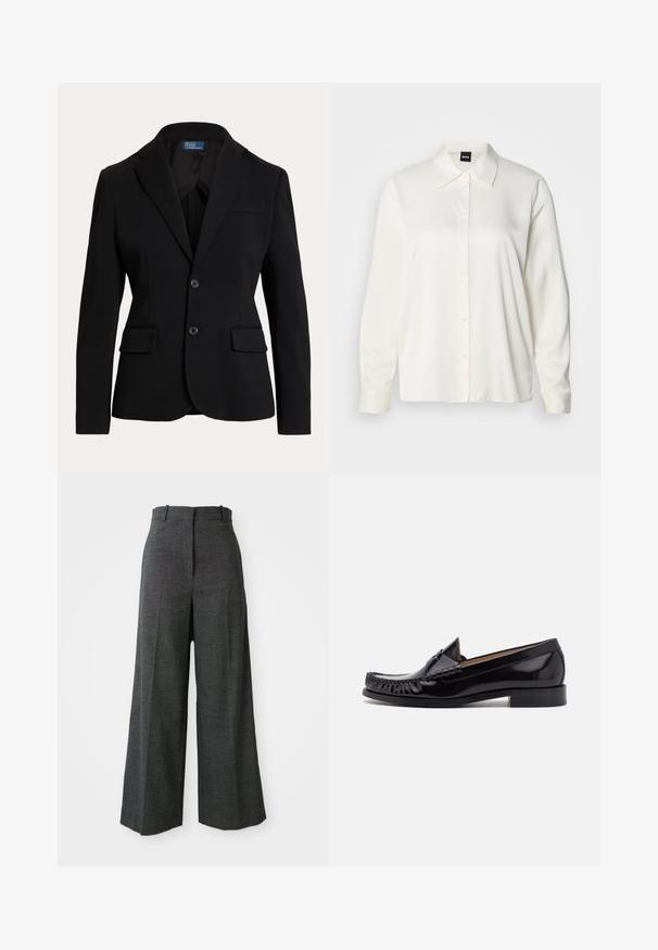 Blazer negro a medida con dos bolsillos delanteros con solapa, dos botones, solapas con muesca y un pequeño bolsillo en el pecho sobre fondo blanco.; Camisa blanca de manga larga confeccionada en tela lisa, con cuello clásico, cierre frontal de botones y puños abotonados, con un corte relajado.; Pantalones de cuadros grises de pierna ancha con cintura alta, que presentan pliegues frontales, textura vertical y sin hardware ni acentos visibles.; Zapato mocasín de cuero negro con un acabado brillante, que presenta detalles de flecos en la parte delantera y un tacón bajo apilado.