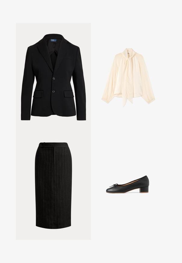 Blazer negro a medida con dos bolsillos delanteros con solapa, dos botones, solapas con muesca y un pequeño bolsillo en el pecho sobre fondo blanco.; Blusa de manga larga color crema con cuello alto y un lazo largo atado al frente, con mangas ligeramente abullonadas y puños fruncidos.; Falda lápiz negra hasta la rodilla con delgadas rayas verticales blancas y detalle en la cintura con botones.; Bailarina de piel negra con punta redondeada, pequeño tacón cuadrado y ribete de tela. Presenta un lazo decorativo en la zona de los dedos.