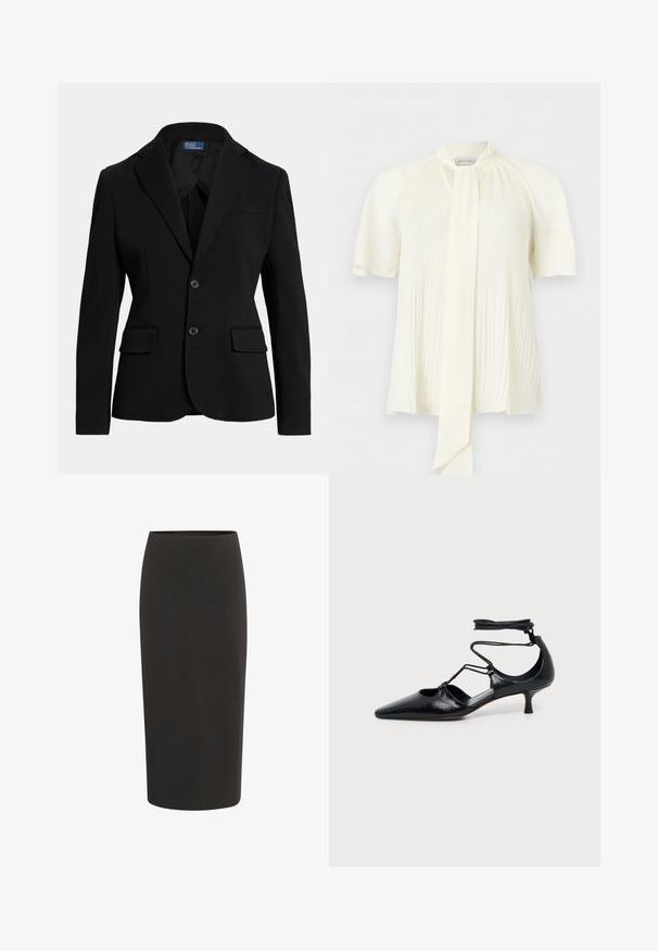 Blazer noir ajusté avec deux poches avant à rabat, deux boutons, revers crantés et une petite poche poitrine sur fond blanc.; Blouse couleur crème avec manches courtes bouffantes, plis verticaux sur le devant et un long détail noué au col.; Jupe crayon noire en tissu lisse, présentant une coupe ajustée, une longueur mi-mollet et une taille élastique simple.; Chaussure noire à bout pointu et talon kitten avec brides autour de la cheville et détails découpés sur les côtés, présentée sur un fond uni clair.