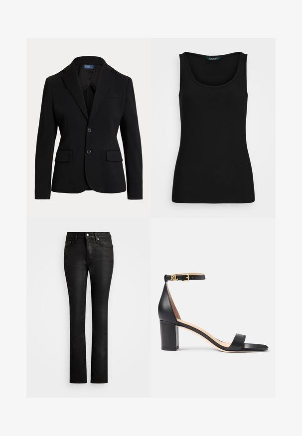 Blazer negro a medida con dos bolsillos delanteros con solapa, dos botones, solapas con muesca y un pequeño bolsillo en el pecho sobre fondo blanco.; Top de tirantes negro con canalé, cuello redondo, forma ajustada y bordes sin costuras. La tela es suave y elástica. La etiqueta dice "LAUREN."; Jeans de mezclilla negra con un diseño de pierna recta, que cuentan con un clásico estilo de cinco bolsillos y un cierre frontal con botón. Textura suave.; Lauren Ralph Lauren LOGAN BURNISHED LEATHER SANDAL - Sandalias - black