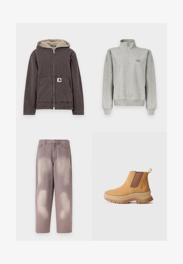 Grijze ritsjas met een capuchon, voorzien van een beige nepbontvoering, twee voorzakken en een klein logo op de linkerzak.; Lichtgrijze quarter-zip sweater met geribde manchetten en zoom, voorzien van een klein meerkleurig logovignet op de linkerborst.; Paars vervaagde spijkerbroek met hoge taille, knoopsluiting en twee voorzakken, weergegeven op een effen achtergrond.; Tan leren enkelboot met elastische zijpanelen, rond toe, en een dikke rubberen zool met een diep profiel; beschikt over een trekhaak aan de hiel.
