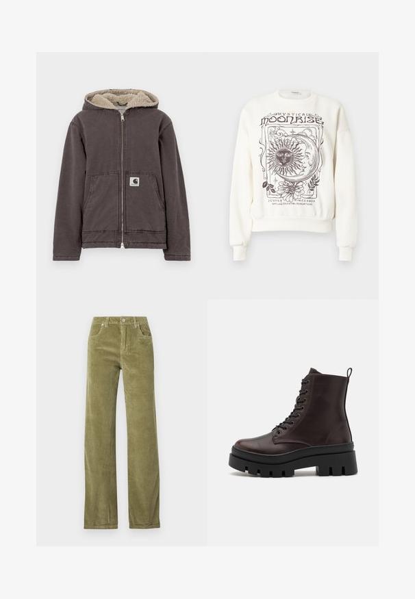 Grå lynlåstrøje med hætte, med beige kunstpelsfor, to forlommer og et lille logo på venstre lomme.; Off-white sweatshirt med himmelske motiver, herunder en sol, måne og blomsterdetaljer, med ribbede manchetter og kant.; Flaskegrønne bukser i fløjl med lige ben, forlommer, bæltestropper og knaplukning på hvid baggrund.; Brune læder ankelstøvler med en rund tå, sort kraftig sål og snørredetaljer. Har en bageste løkke for nem påtagning.