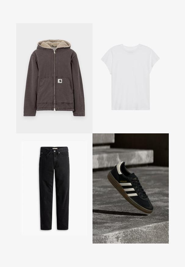Grå lynlåstrøje med hætte, med beige kunstpelsfor, to forlommer og et lille logo på venstre lomme.; Hvid kortærmet t-shirt med rund hals, afslappet pasform, lavet af blødt bomuldsstof. Glat tekstur, ingen mønstre eller logoer.; Sorte straight-leg jeans med knap- og lynlåslukning, bæltestropper samt for- og baglommer, vist fladt på hvid baggrund.; Sort Adidas-sneaker med hvide striber og gummisåler, svævende over grå betontrapper i naturligt lys.