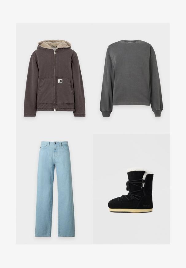 Veste grise à fermeture éclair avec capuche, dotée d'une doublure en fausse fourrure beige, de deux poches avant et d'une petite étiquette logo sur la poche gauche.; Sweatshirt gris à manches longues avec col rond, fabriqué en tissu doux. Présente des poignets côtelés et une coupe décontractée. Design minimaliste, sans motifs.; Jean en denim bleu clair à jambes larges avec bouton frontal, fermeture éclair et conception à cinq poches sur fond blanc.; Botte en suede noire avec une doublure en fourrure blanche, présentant un laçage à l'avant, un support de cheville rembourré et une semelle en caoutchouc pour l'adhérence.