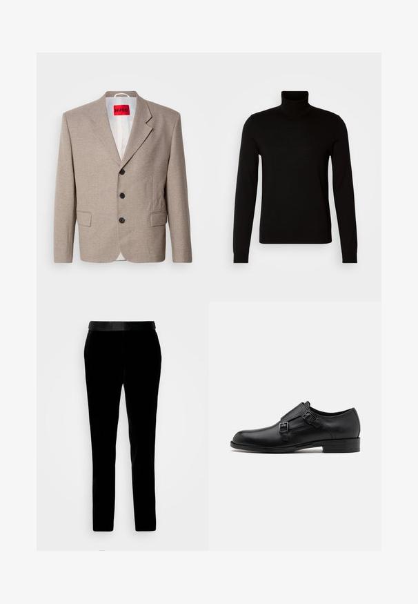 Blazer beige ajustado con hombros estructurados, diseño de un solo botón, tres botones negros, dos bolsillos frontales y etiqueta HUGO en rojo.; Suéter negro de cuello alto confeccionado en un tejido de punto fino, con mangas largas y una silueta ajustada. Textura suave con puños acanalados.; Pantalones de terciopelo negro con un ajuste entallado, textura suave y cinturilla a juego. Cuentan con perneras rectas y bolsillos laterales.; Zapato de vestir de cuero negro con doble hebilla, silueta elegante y punta redonda. Cuenta con un tacón bajo y una textura suave.
