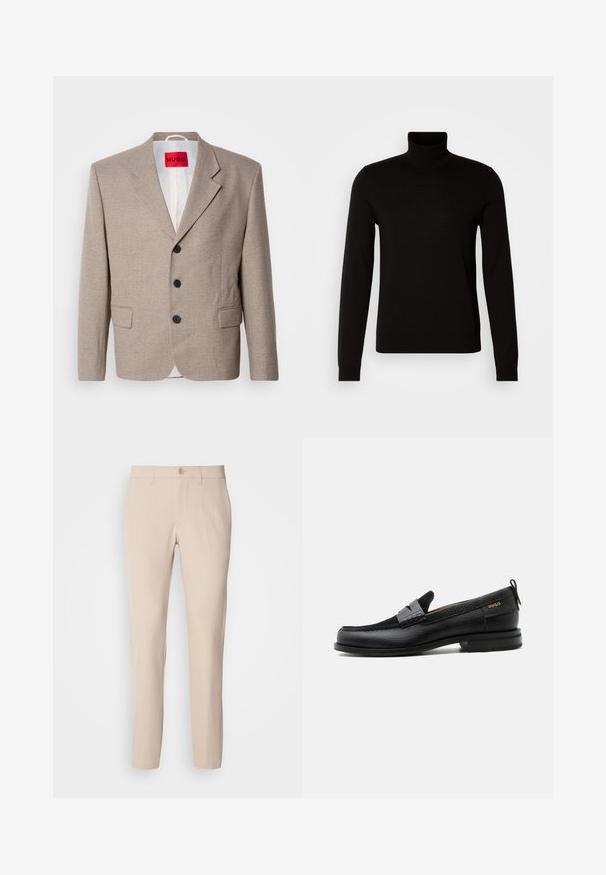 Beige skræddersyet blazer med strukturerede skuldre, enslydende design, tre sorte knapper, to frontlommer og HUGO-mærke i rød.; Sort turtleneck sweater lavet af et fint strikket stof, der har lange ærmer og en tætsiddende silhuet. Glat tekstur med ribbede manchetter.; Beige bukser lavet af blødt stof, med knaplukning, lige snit og sidelommer. Glat tekstur med minimale syninger.; Sort læderloafer med grå remdetalje, lav hæl og tekstureret sål, mærket med "HUGO" i guld på siden.