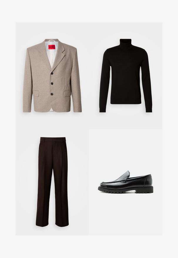 Beige skræddersyet blazer med strukturerede skuldre, enslydende design, tre sorte knapper, to frontlommer og HUGO-mærke i rød.; Sort turtleneck sweater lavet af et fint strikket stof, der har lange ærmer og en tætsiddende silhuet. Glat tekstur med ribbede manchetter.; Brune skræddersyede bukser med lige ben, featuring en frontfold, glat texture og klassisk talje. Egnet til formelt brug.; Sort læderloafer med chunky gummisål, syet overdel og præget mærkenavn på hælen, vist i sideprofil på hvid baggrund.