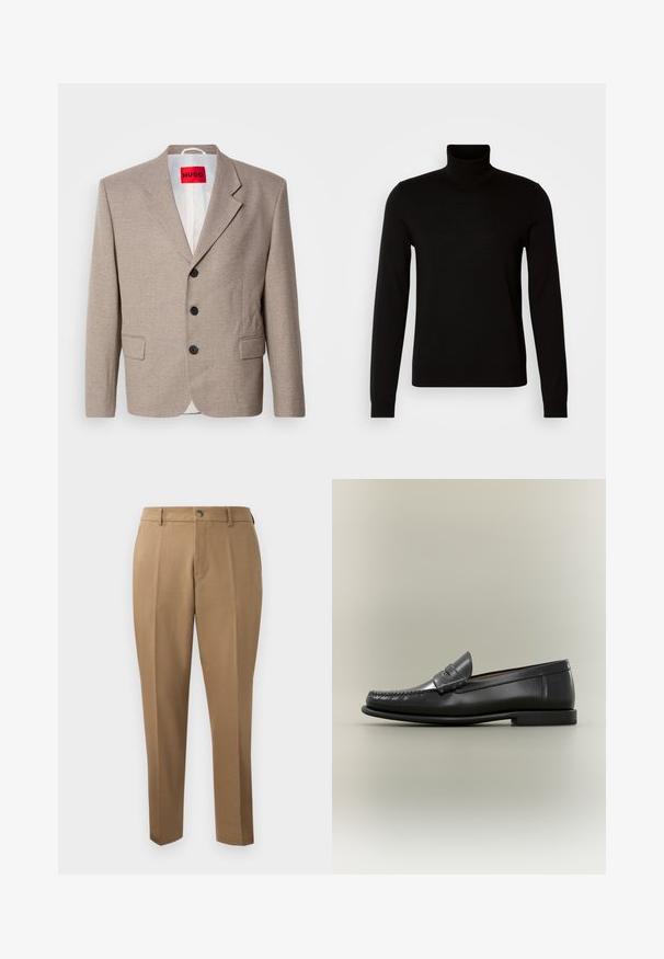 Beige skræddersyet blazer med strukturerede skuldre, enslydende design, tre sorte knapper, to frontlommer og HUGO-mærke i rød.; Sort turtleneck sweater lavet af et fint strikket stof, der har lange ærmer og en tætsiddende silhuet. Glat tekstur med ribbede manchetter.; Brune skræddersyede bukser med lige snit, enkelt plissé, bæltestropper og frontknaplukning. Glat stof med en mat overflade.; Sort læder herresko med moc-toe-design, penny-rem og lav hæl på en neutral baggrund.