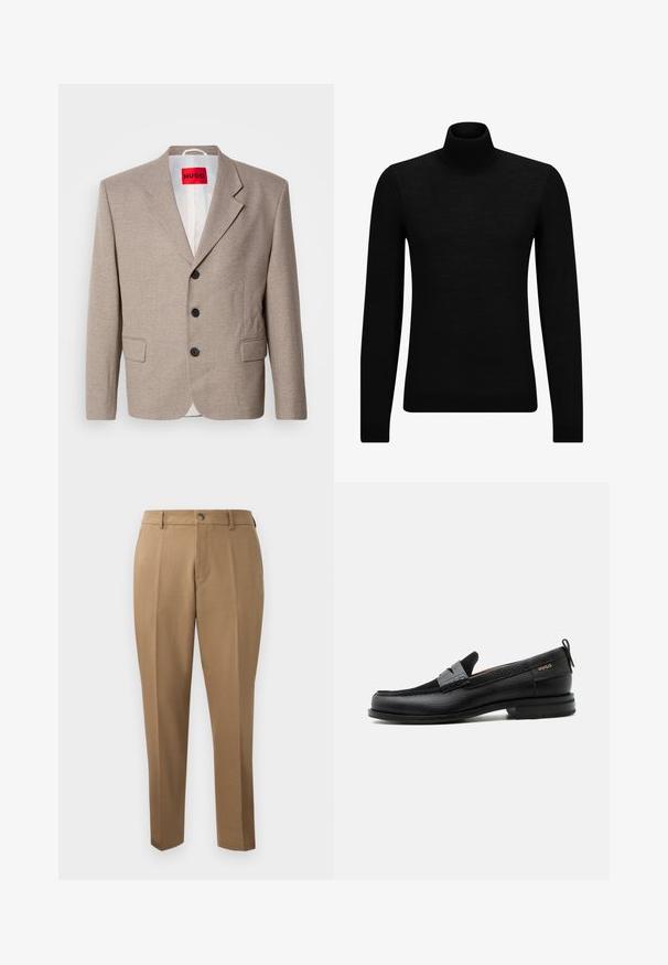 Blazer beige ajustado con hombros estructurados, diseño de un solo botón, tres botones negros, dos bolsillos frontales y etiqueta HUGO en rojo.; Jersey de cuello alto negro hecho de un material suave, con mangas largas y un ajuste ceñido. Ribete acanalado en el dobladillo y los puños. Diseño simple.; Pantalones marrones a medida con corte recto, pinzas simples, trabillas para cinturón y cierre frontal con botón. Tela suave con una textura mate.; Mocasín de cuero negro con detalle de tira gris, tacón bajo y suela texturizada, con la marca "HUGO" en oro en el lateral.