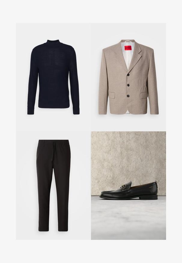Veste beige ajustée avec épaules structurées, design à un seul bouton, trois boutons noirs, deux poches avant et étiquette HUGO en rouge.; Pull en maille bleu marine avec un col roulé côtelé, des manches longues et un logo subtil à l'avant. Fabriqué dans un tissu lisse et léger.; Pantalons de jogging noirs en tissu lisse. Dotés d'une taille élastique avec cordon de serrage, jambes fuselées, et sans poches visibles. Design simple.; Mocassin en cuir noir avec mors en métal doré et logo "HUGO", présenté sur un tapis beige et un meuble translucide marron.