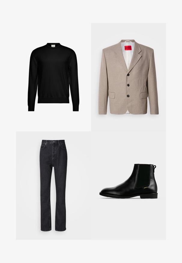 Blazer beige ajustado con hombros estructurados, diseño de un solo botón, tres botones negros, dos bolsillos frontales y etiqueta HUGO en rojo.; Suéter negro de manga larga y cuello redondo con puños y dobladillo acanalados, que presenta una pequeña etiqueta blanca de la marca en el interior del cuello.; Jeans de mezclilla negros de cintura alta con cierre de botón y cremallera, bolsillos frontales y traseros, y corte recto.; Botín de cuero negro con panel lateral elástico, tacón bajo, lengüeta trasera y pequeño logo dorado "HUGO" en el lateral exterior.