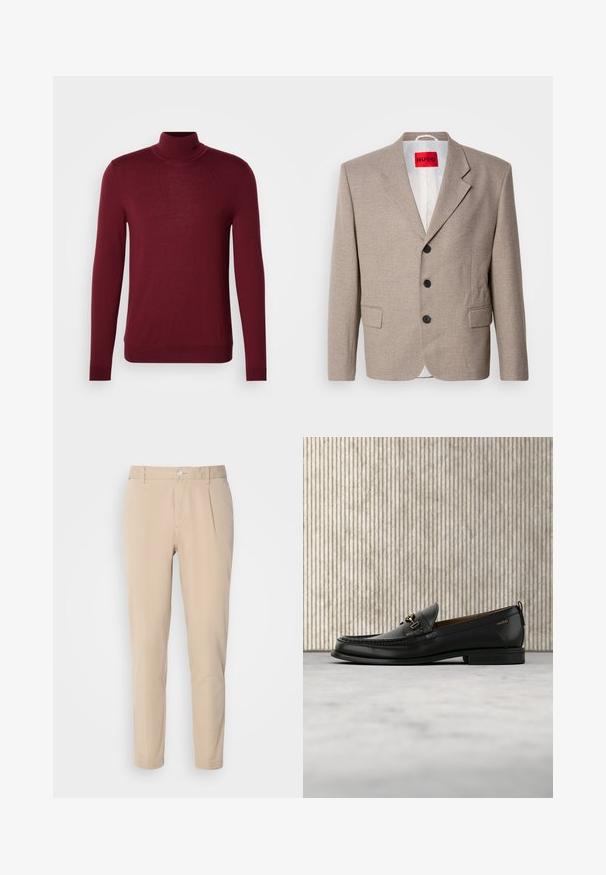 Beige skræddersyet blazer med strukturerede skuldre, enslydende design, tre sorte knapper, to frontlommer og HUGO-mærke i rød.; Herre burgundy langærmet rullekravesweater med ribbede manchetter og kant, vist på en enkelt lys grå baggrund.; Beige bukser med en slim fit, lavet af vævet materiale. Har en enkelt knaplukning, plisseret front og lige ben.; Sort læderloafers med guldfarvet metaldekoration og "HUGO" branding, vist mod en beige tæppe og brunt gennemsigtigt møbel.