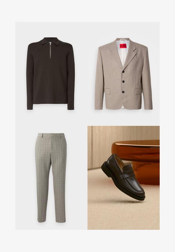 Beige skræddersyet blazer med strukturerede skuldre, enslydende design, tre sorte knapper, to frontlommer og HUGO-mærke i rød.; Mørkebrun langærmet polo skjorte med krave og en kort sølv lynlås. Lavet af et glat, blødt materiale. Ingen mønstre eller accenter.; Bukser i en lys beige stof med et ternet mønster i mørkebrun og marineblå, med lige snit og standart talje.; Sort læderloafer, der svæver over et beige tæppe med brunt afrundet møbel i baggrunden.